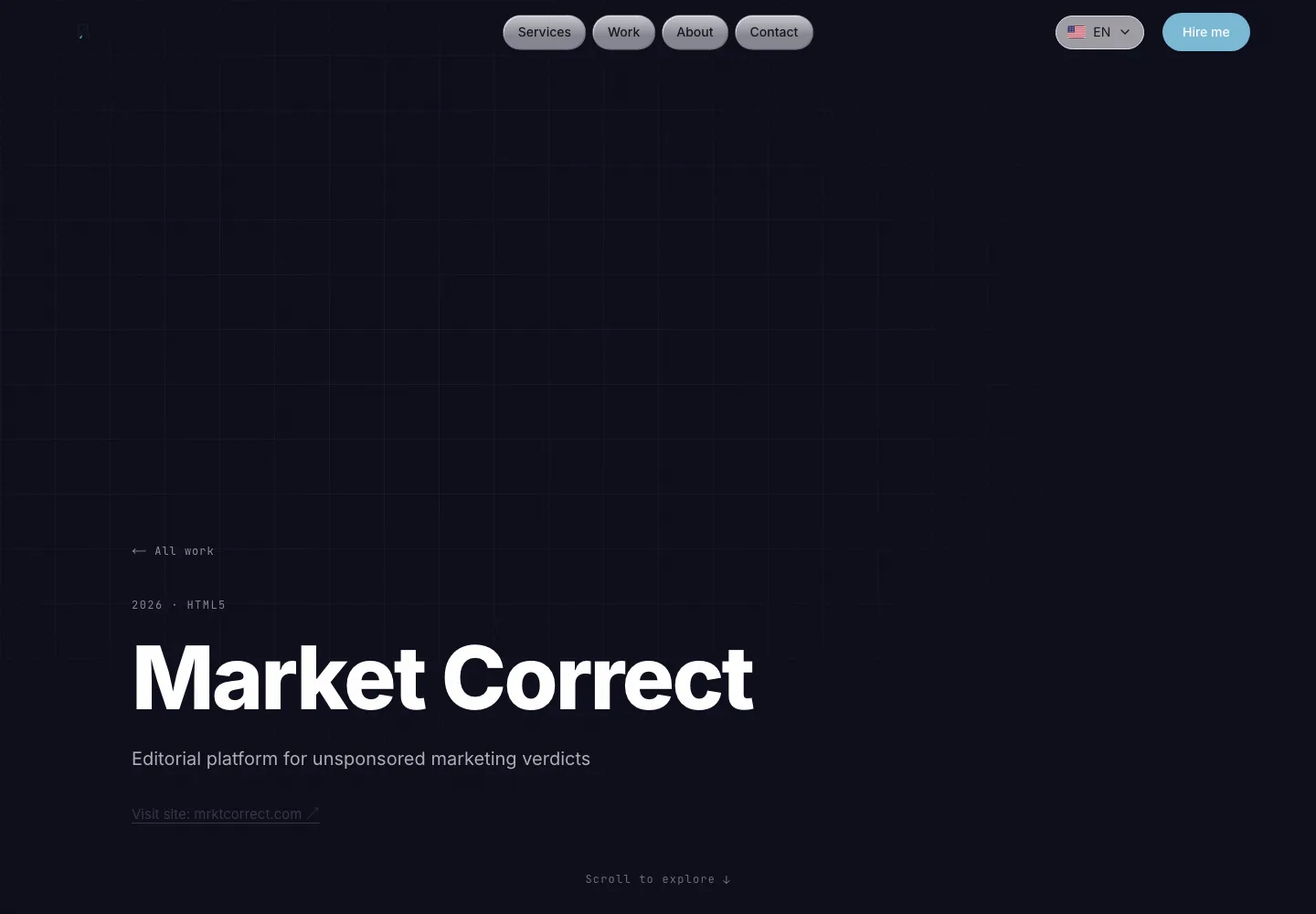 The Built by Alex case study page for Market Correct, with the headline Market Correct and a Visit site link to mrktcorrect.com